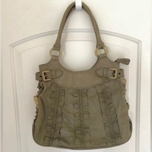 Hype Olive Green Leather Ruffle Detail Shoulder Bag